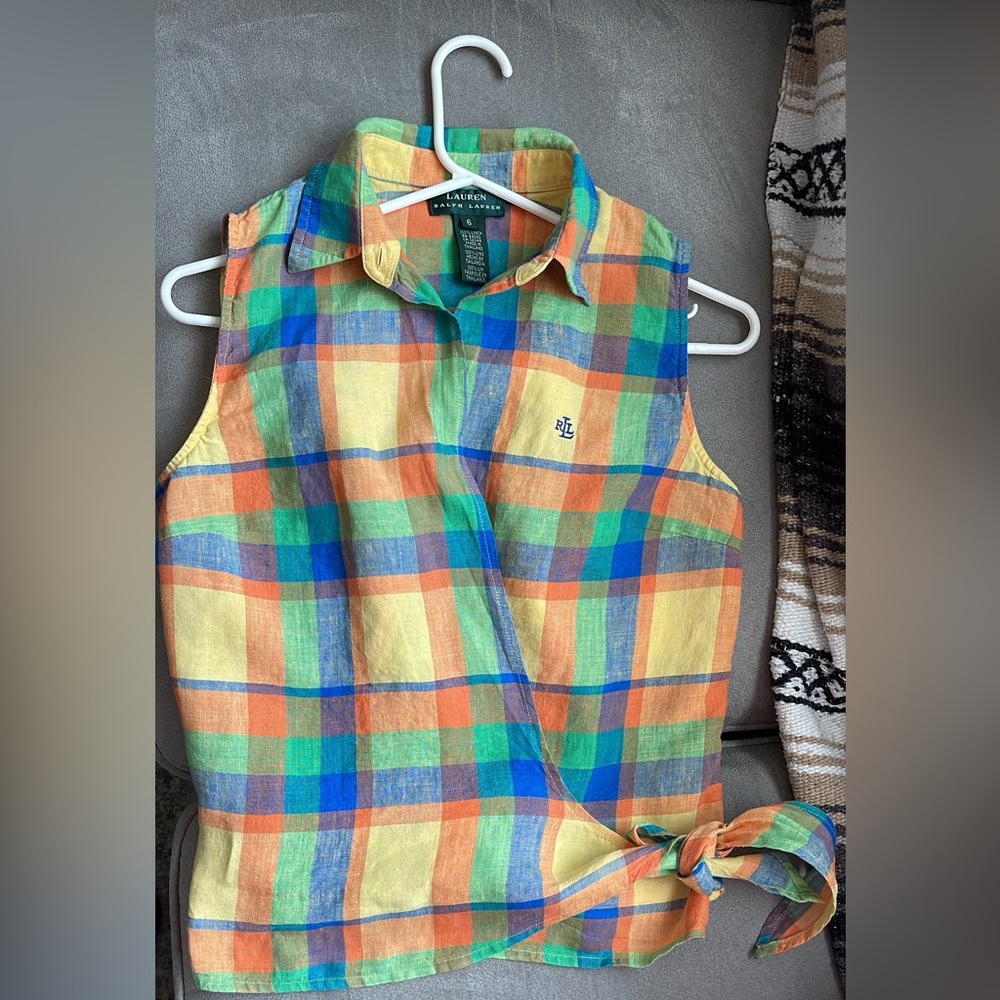 Vintage Ralph Lauren
Rainbow Linen Checkered Plaid Wrap Tie Sleeveless shirt